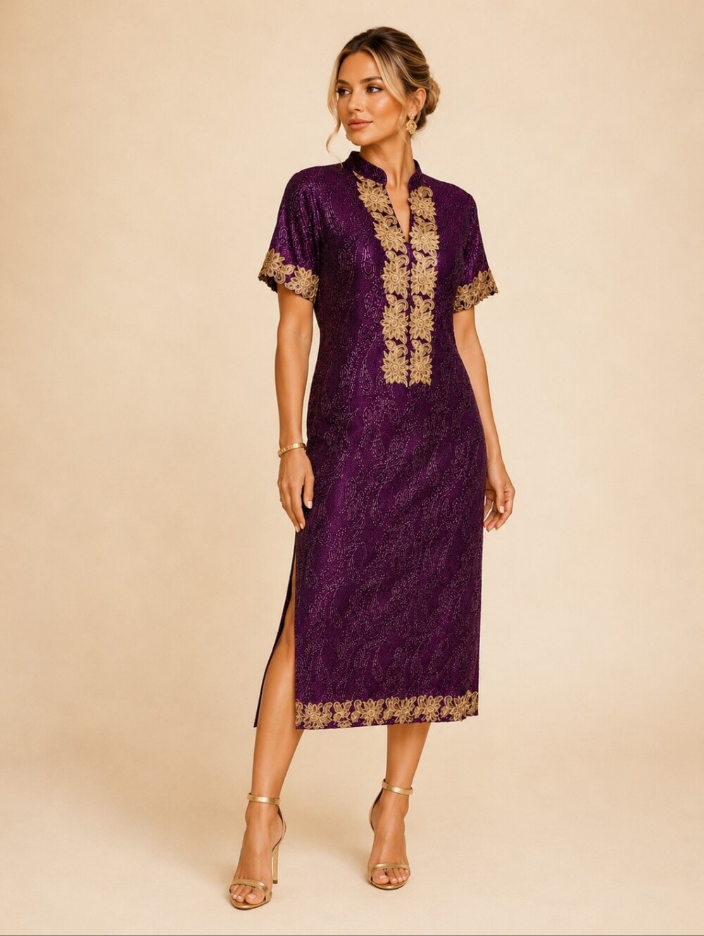 Purple & Gold Embroidered Midi Dress